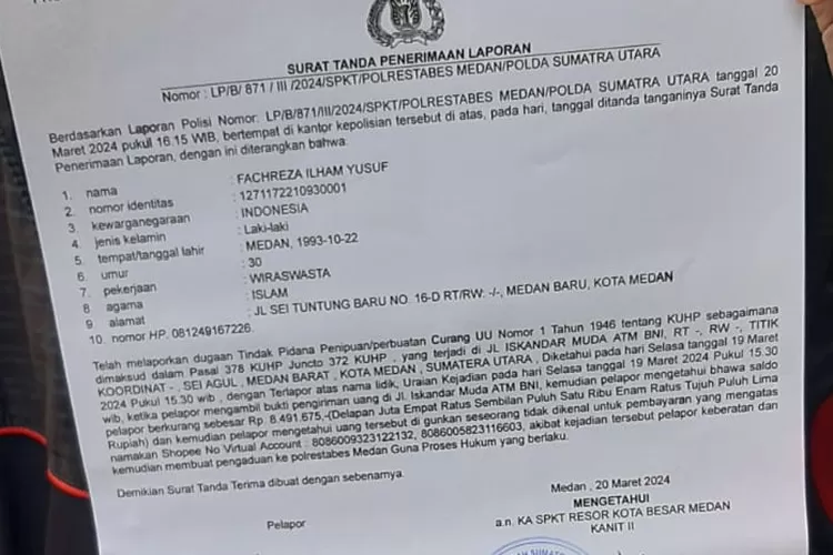 Bukti laporan korban penipuan di Polrestabes Medan