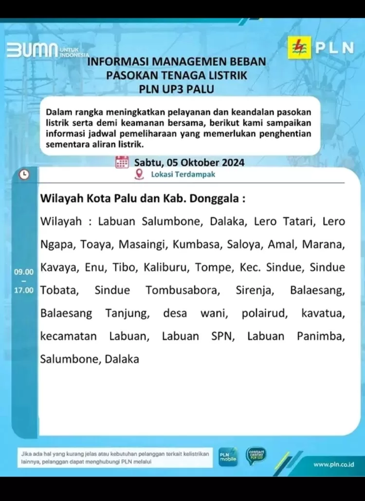 Jadwal Pemadaman Listik Palu-Donggala hari ini. Foto: Istimewa