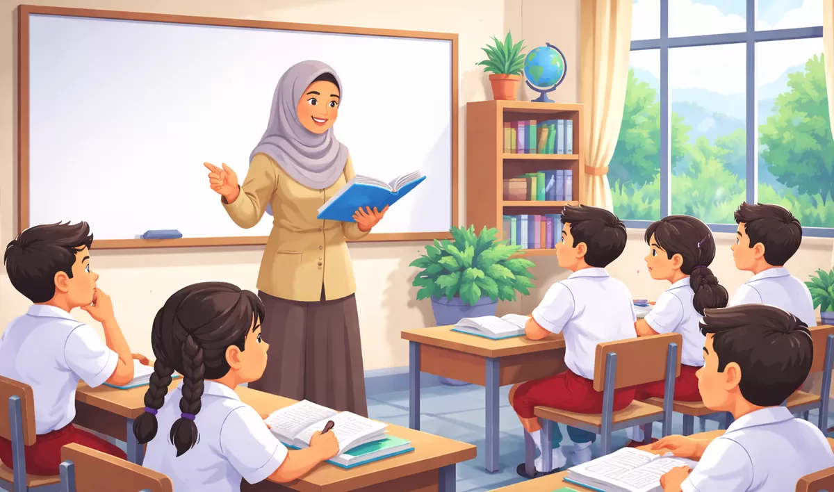 Seorang guru sedang mengajar di tengah sorotan soal kesejahteraan P3K paruh waktu. (Pasha Salsabila Hanipa)