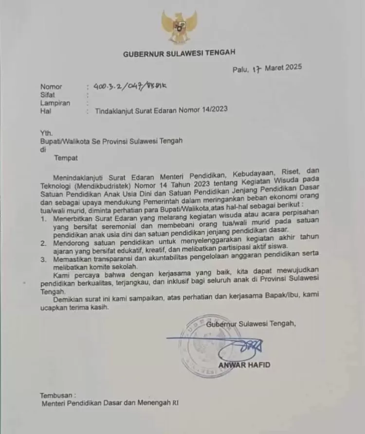 Surat Edaran Gubernur Sulteng.