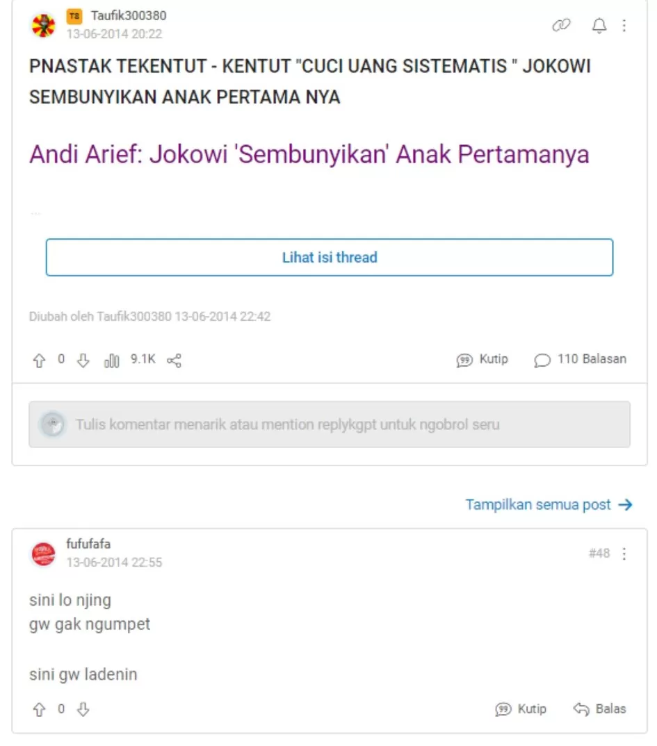 Tangkapan layar akun Fufufafa menanggapi Andi Arief soal anak pertama Jokowi, benar Gibran Rakabuming? (X @kafiradikalis)