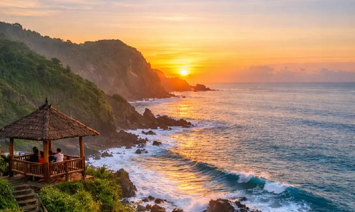 Pantai Menganti, Kebumen: sunrise memukau dari tebing hijau, laut biru dramatis, spot foto epic dan pengalaman camping yang tak terlupakan. (@Ilustrasi dibuat ChatGPT)