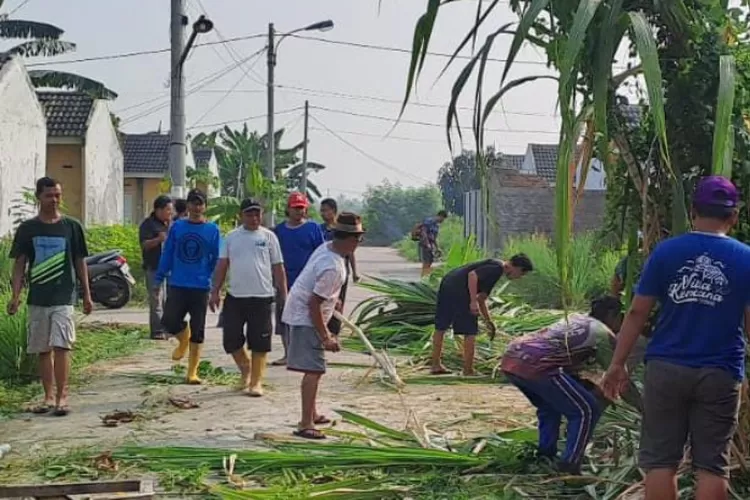 Bahu Membahu Warga Perumahan Villa Kencana RT01 RW11 Desa Karang Sentosa Melakukan Kerja Bakti. (Foto: Haris Pranatha)