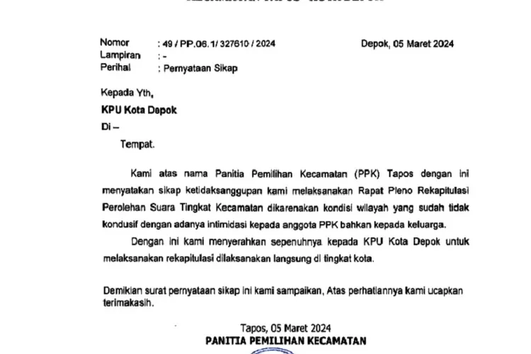 Awal Surat Pengunduran Diri PPK Tapos Depok
