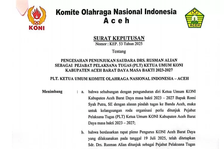 Penetapan tersebut tertuang dalam Surat Keputusan KONI Aceh Nomor KEP. 53 Tahun 2025, yang diterbitkan seusai rapat pleno pengurus KONI Aceh pada 19 Juli 2025.