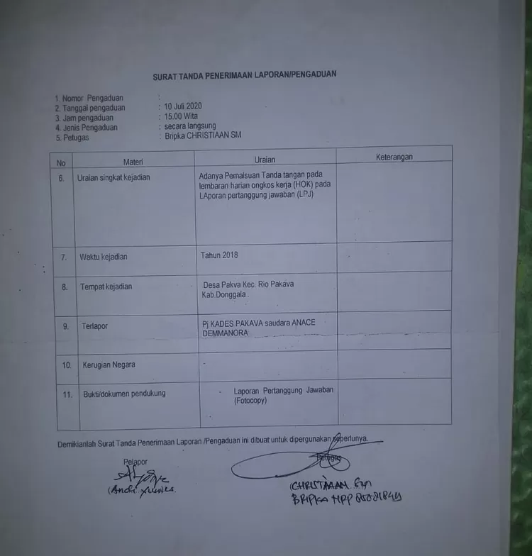 Tanda Terima Laporan dugaan Korupsi Dana Desa