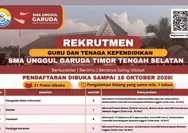Lowongan Kerja SMA Unggul Garuda TTS 2026 Dibuka, Cek Posisi dan Syarat Pendaftarannya