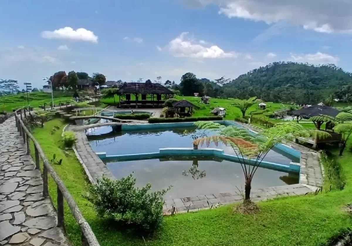 Wisata Pagubugan memiliki kolam renang tengah sawah yang menawarkan latar keindahan alam pegunungan lereng Gunung Slamet. (suaramerdeka.com / Puji Purwanto)