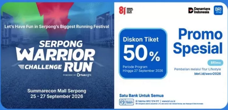 Melalui BRImo, tiket Serpong Warrior Challenge Run 2026 dapat dibeli secara praktis melalui fitur Lifestyle.  Menariknya, pembelian tiket menggunakan BRImo juga menawarkan diskon 50 persen dari harga tiket yang berlaku.