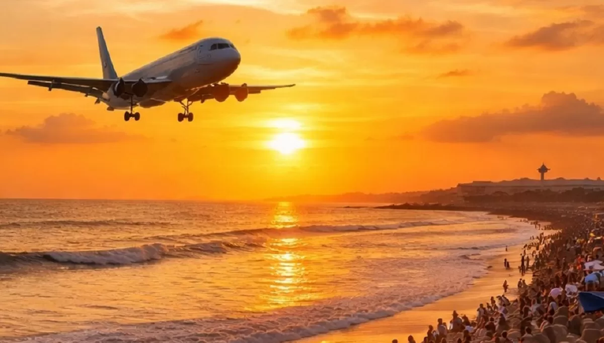 Senja keemasan di Pantai Glagah Indah, Kulon Progo, menghadirkan perpaduan indah antara laut, kuliner pesisir, dan lalu lalang pesawat dari Yogyakarta International Airport yang menambah pesona unik kawasan ini. (Ilustrasi dibuat ChatGPT)