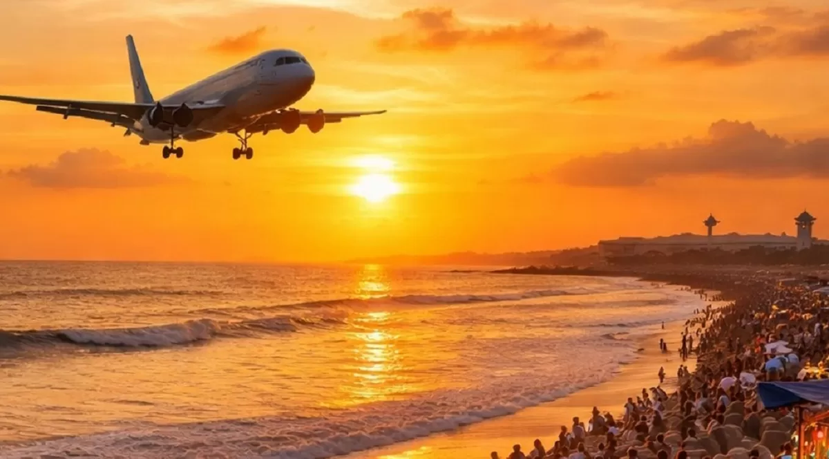 Senja keemasan di Pantai Glagah Indah, Kulon Progo, menghadirkan perpaduan indah antara laut, kuliner pesisir, dan lalu lalang pesawat dari Yogyakarta International Airport yang menambah pesona unik kawasan ini. (Ilustrasi dibuat ChatGPT)