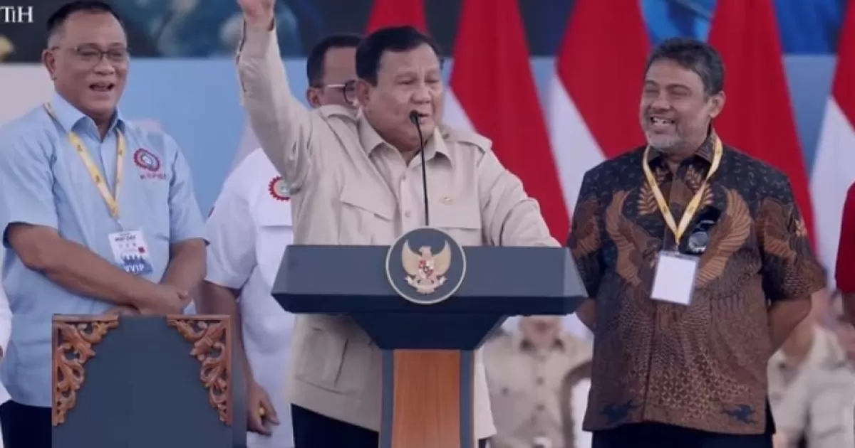 Presiden RI Prabowo Subianto saat hadiir di acara Hari Buruh Internasional atau May Day 2026 di Monas, Jakarta.