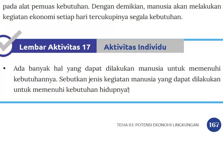 Kunci Jawaban IPS Kelas 7 Kurikulum Merdeka Halaman 167 Lembar Aktivitas 17: Jenis Kegiatan Memenuhi Kebutuhan. (Foto: kemdikbud.go.id)
