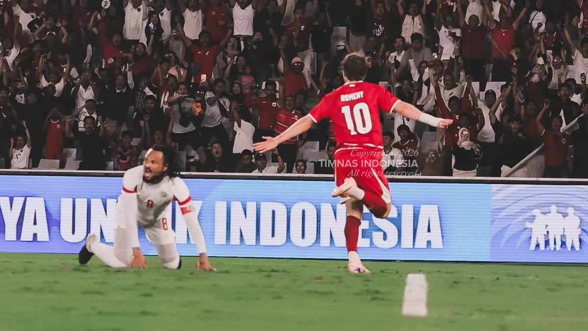 Pemain Timnas Indonesia Ole Romeny melakukan selebrasi usai mencetak gol ke gawang Mozambik di FIFA Matchday, 9 Juni 2026 di SUGBK, Jakarta. Indonesia menang 1-0.
