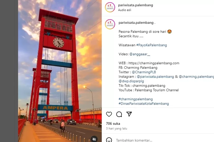 Tower Ampera kini menjadi destinasi baru (tangkapan layar instagram @pariwisata.palembang)