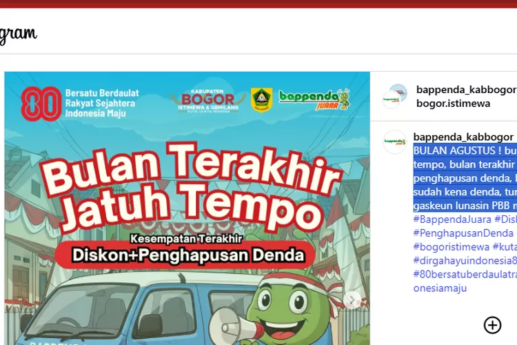 Ini info berapa Pajak Bumi dan Bangunan Perdesaan dan Perkotaan PBB P2 Kabupaten Bogor. (Foto/Instagram.)