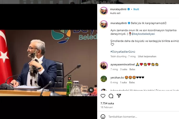 Tangkap Layar Laman Instagram walikota Beykoz saat mengunggah video dirinya sedang digelendotin kucing