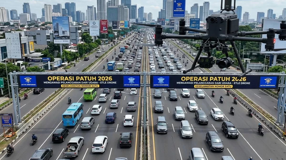 Ilustrasi: Drone ETLE Terbang Selama Operasi Patuh 2026, Pelanggaran Dipantau Real Time (Info Indonesia / AI)