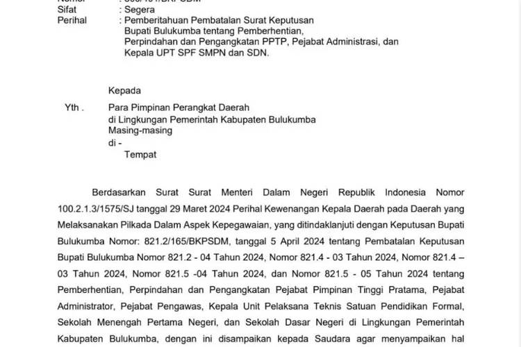 Surat Pemberitahuan pembatalan mutasi lingkup Pemkab Bulukumba yang dilakukan pada 22 Maret 2024 lalu.