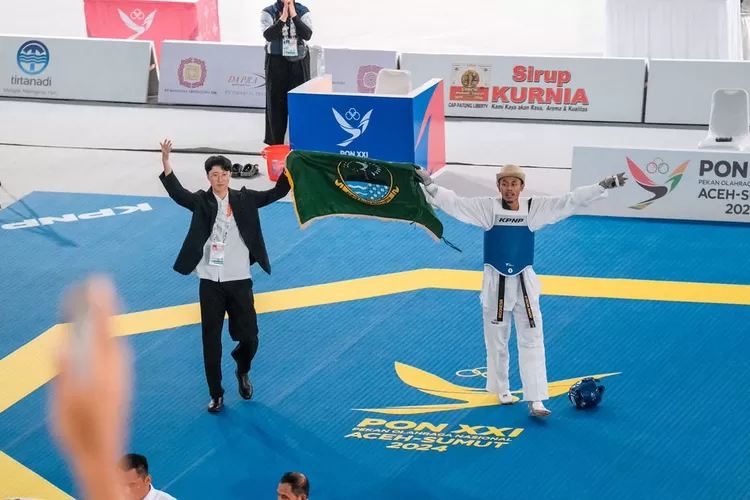 Adam Yazid Ferdyansyah seorang atlet Taekwondo asal Kota Depok usai menang dalam pertandingan PON XXI/2024 Aceh-Sumatera Utara.A