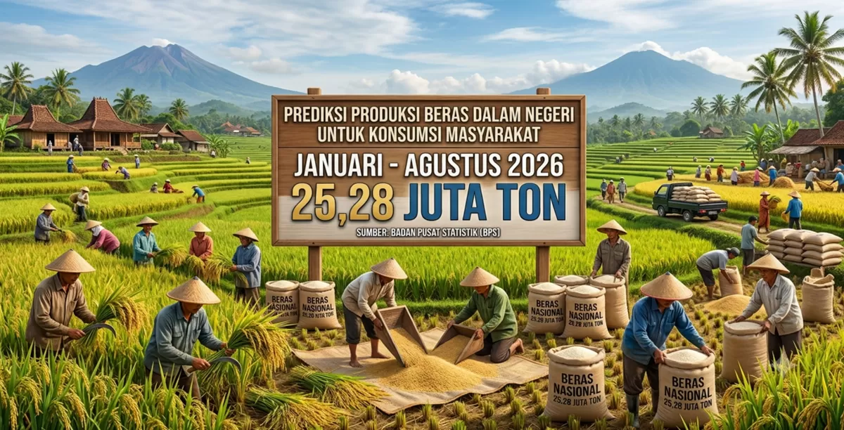 Produksi beras dalam negeri untuk konsumsi masyarakat sepanjang Januari hingga Agustus 2026 diprediksi mencapai 25,28 juta ton. (Kalimantansatu.com via Gemini AI)