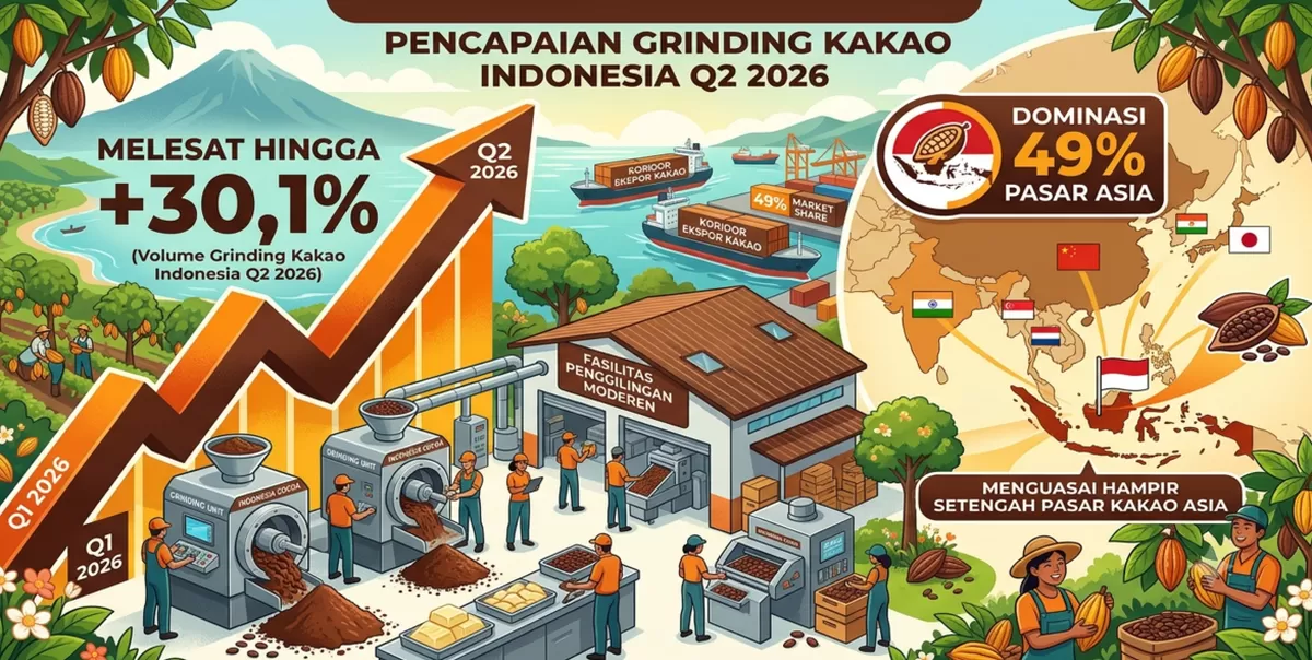 Sektor industri pengolahan kakao nasional mencatatkan tren pertumbuhan signifikan pada triwulan kedua (Q2) 2026 di tengah gejolak pasar global. Berdasarkan laporan Grind Statistics Q2 2026, volume penggilingan (grinding) kakao Indonesia mencapai 110.410 ton atau melesat 30,1% dibandingkan Q1 2026. (Kalimantansatu.com via Gemini AI)
