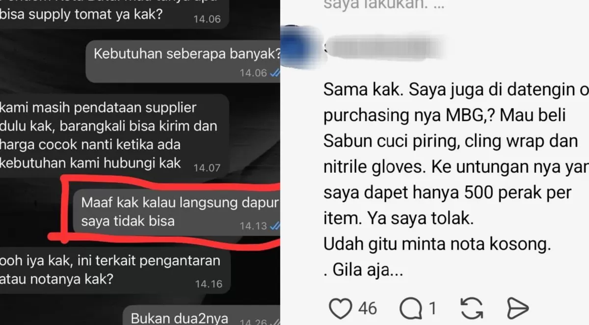 Viral Curhatan Supplier Ogah Jadi Pemasok MBG karena Permintaan Turunkan Harga dari SPPG, Minta Harga Rendah hingga Nota Kosong (Threads/itsme_ndhenk - suburbdweller)