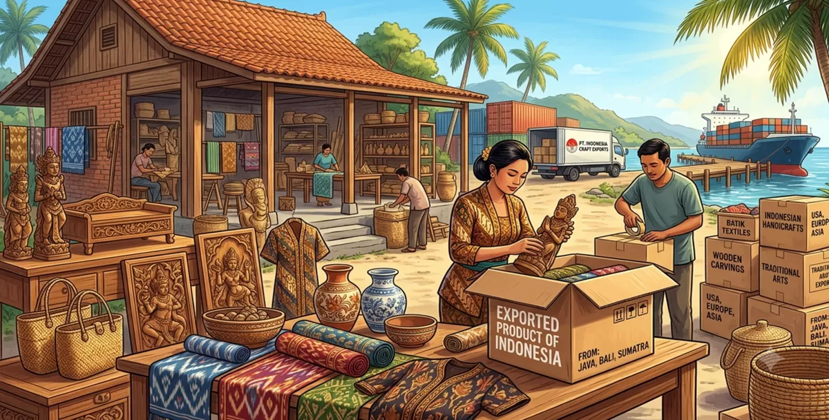 Ilustrasi produk ekspor kerajinan Indonesia. Kuartal I 2026, nilai ekspor industri kerajinan Indonesia tembus Rp2,97 T ! Naik 4,08 persen. (Kalimantansatu.com via Gemini AI)
