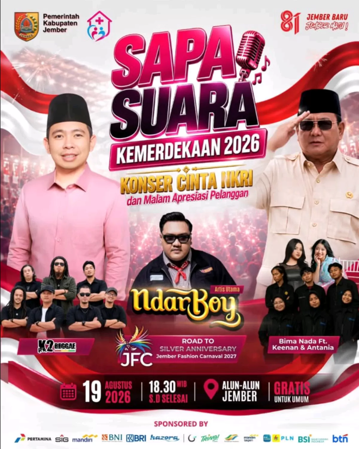 Meriahkan HUT RI ke 81, Pemkab Jember Gelar Konser Gratis SAPA SUARA Kemerdekaan, Hadirkan Ndarboy Genk
