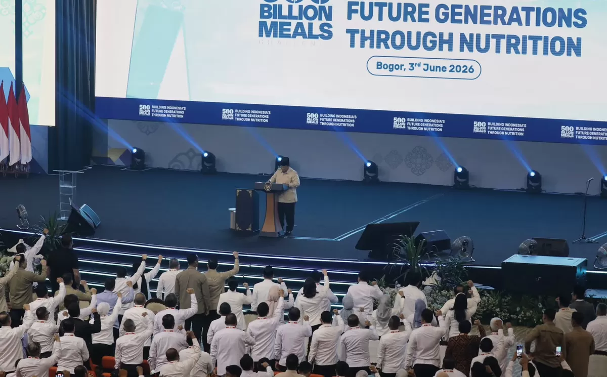 Presiden Prabowo Subianto memberikan sambutan pada acara Building Indonesia's Future Generations Through Nutrition di Sentul, Bogor, Jawa Barat. 