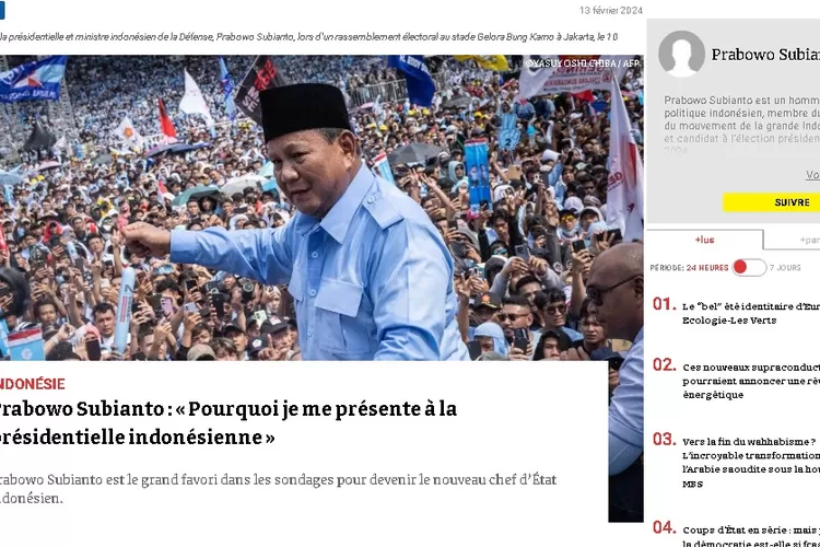 Prabowo Subianto menuliskan pengalamannya berkampanye Pilpres 2024 yang dimuat di media Prancis, Atlantico, Senin (13/2/2024).