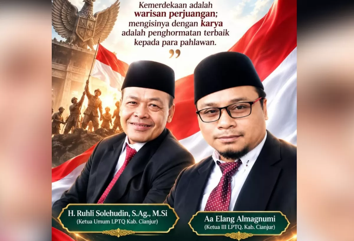 Ketua Umum LPTQ Kabupaten Cianjur H. Ruhli Solehudin bersama Ketua III LPTQ Cianjur Aa Elang Almagnumi saat menyampaikan pesan ajakan pengabdian masyarakat pada peringatan HUT ke-81 Republik Indonesia. (FOTO: Ist)