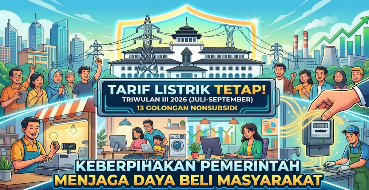 Pemerintah memutuskan untuk mempertahankan tarif listrik bagi 13 golongan pelanggan nonsubsidi pada triwulan III 2026 (Juli&ndash;September) sebagai bentuk keberpihakan pemerintah dalam menjaga daya beli masyarakat. (Kalimantansatu.com via Gemini AI)