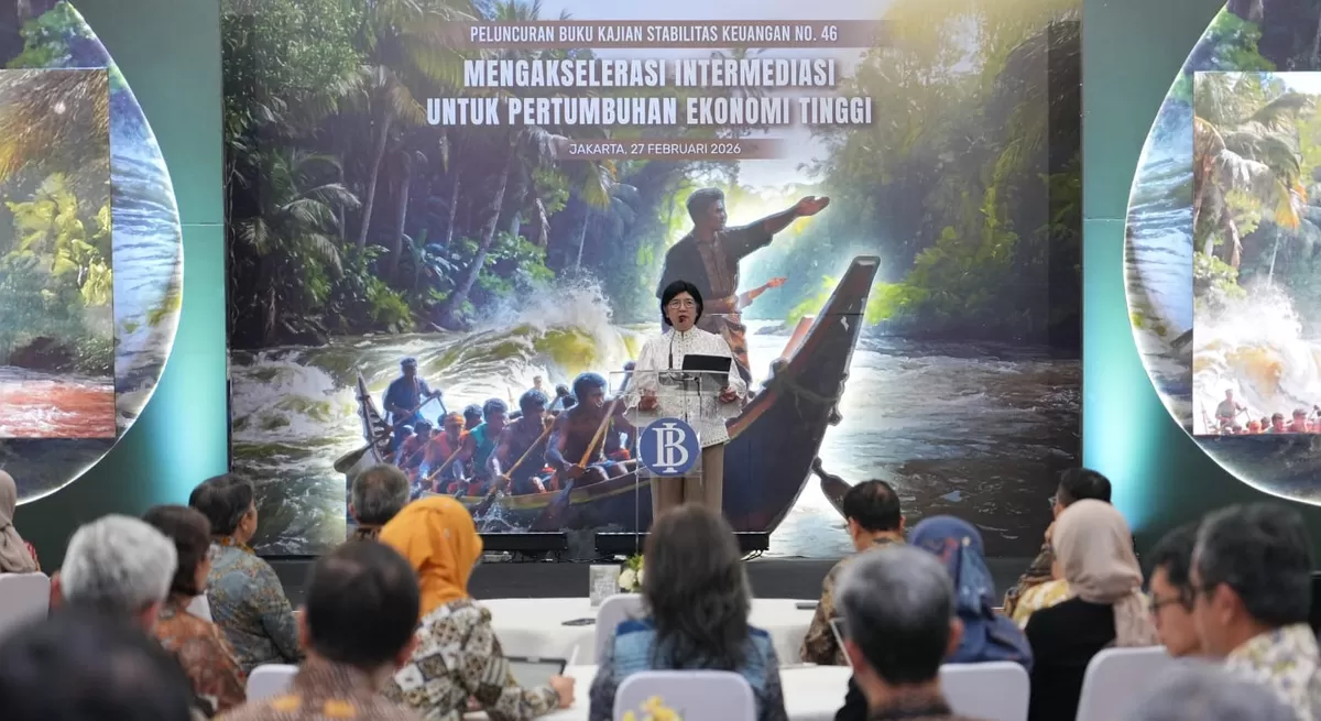 Deputi Gubernur Senior Bank Indonesia Destry Damayanti dalam peluncuran buku Kajian Stabilitias Keuangan No. 46, Februari 2026 (KSK 26) di Bank Indonesia, Jakarta (27/2/2026). (Kalimantansatu.com/Dok. Bank Indonesia)