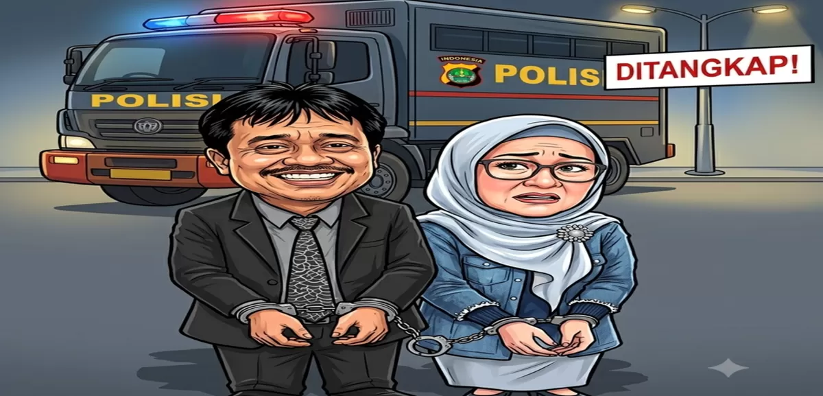 Ilustrasi Roy Suryo dan dr Tifa ditangkap polisi dalam kasus dugaan ijazah palsu Jokowi. (Kalimantansatu.com via Gemini AI)