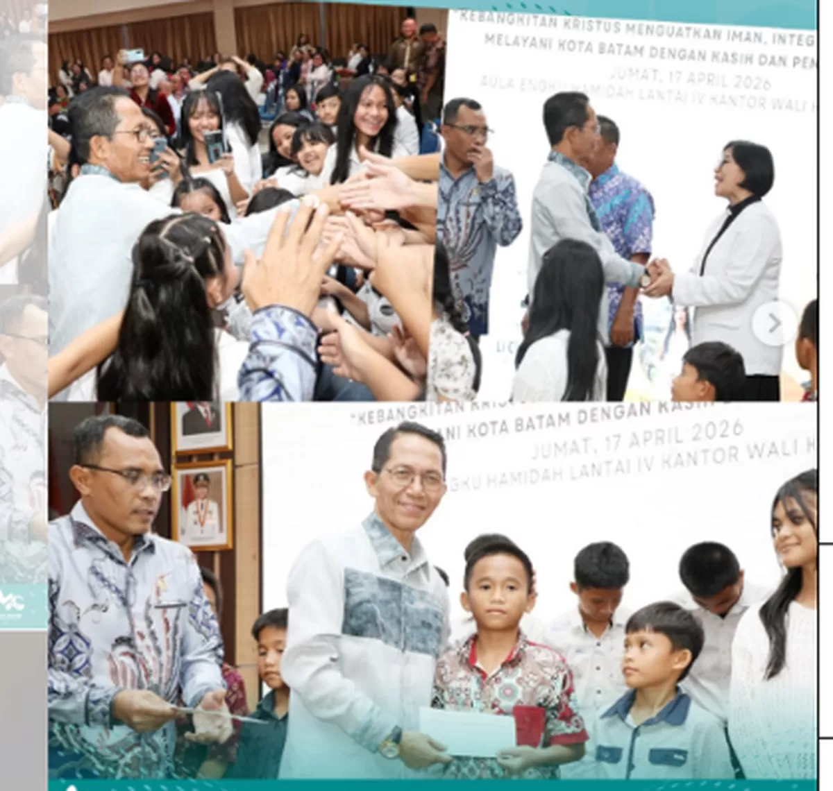 Walikota Batam Amsakar Achmad menyerahkan bantuan saat menghadiri Perayaan Paskah Persekutuan Oikumene Umat Kristiani ASN Pemko Batam Tahun 2026. (Foto:Diskominfo Batam)
