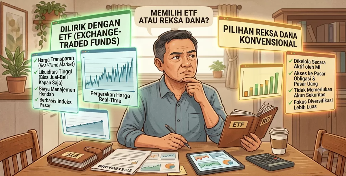Perbandingan ETF vs Reksa Dana Konvensional: Mana yang Lebih Efisien dan Cocok untuk Kamu? (Dibuat Kalimantansatu.com via Gemini AI)