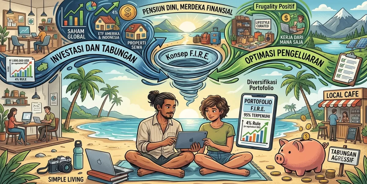 Mengupas Konsep Financial Independence, Retire Early (FIRE) yang Populer di Milenial &amp; Gen Z: Mitos vs Realitas Menerapkannya di Indonesia, Bisa kah ? (Dibuat Kalimantansatu.com via Gemini AI)
