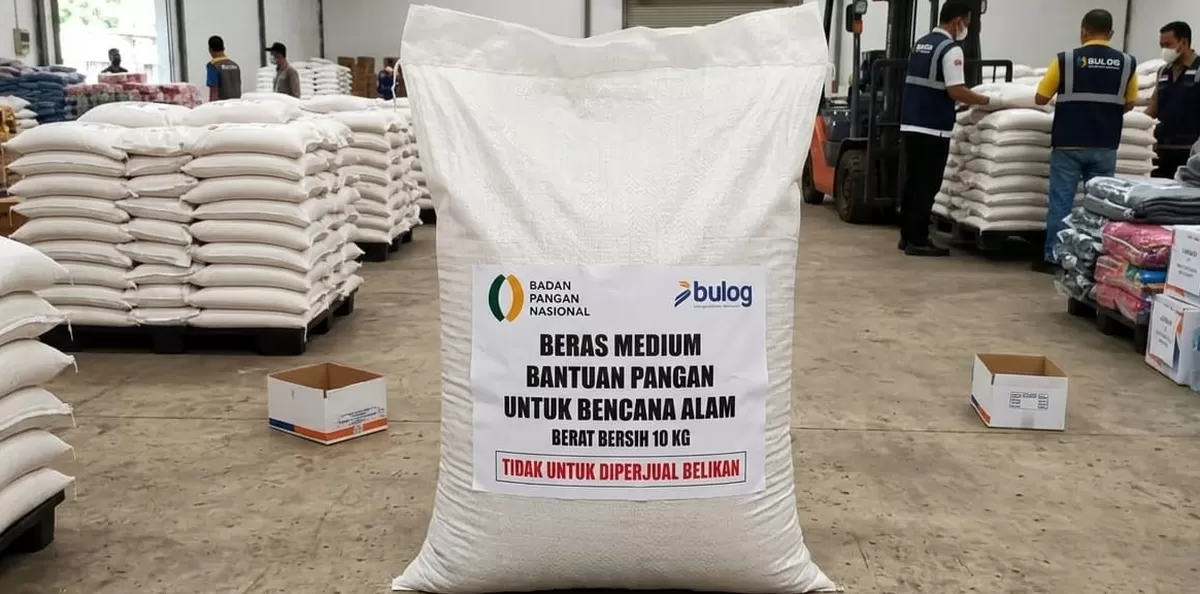 Ilustrasi bantuan yang diberikan kepada warga dengan bertuliskan BERAS MEDIUM BANTUAN PANGAN UNTUK BENCANA ALAM BERAT BERSIH 10 KG  TIDAK UNTUK DIPERJUAL BELIKAN (Istimewa)