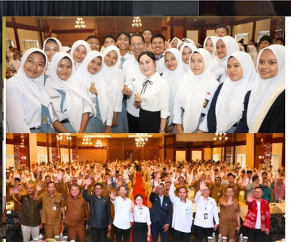 Walikota Batam, Amsakar Achmad bersam Wakil Walikota Batam, Li Claudia Chandra, foto bareng siswa-siswi penerima beasiswa Tidak Mampu jalur SNBT dan Beasiswa Hinterland. (Foto: ig Diskominfo Batam)