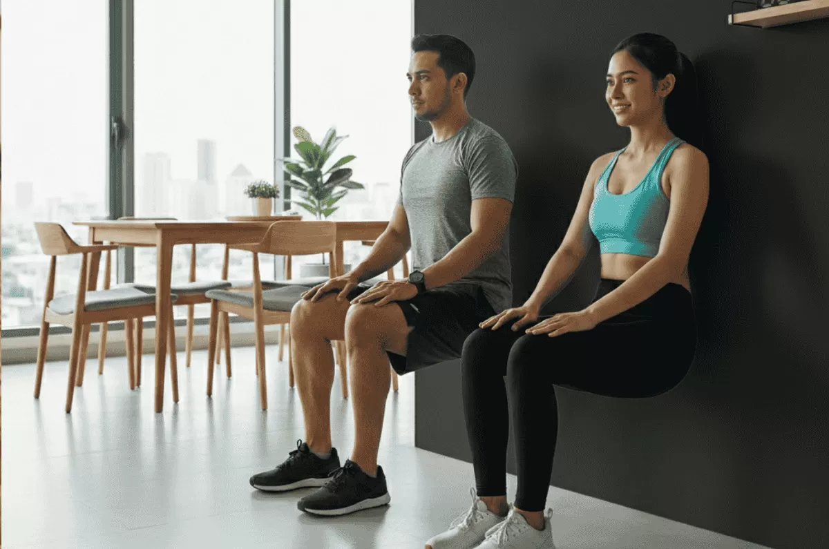 Latihan wall sit bisa menguatkan lutut pelari. (Pejuangkantoran.com/Made with Google AI)