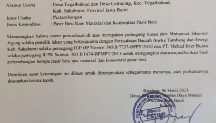 Permasalahan tambang pasir besi di Sukabumi diduga surat rekomendasi ESDM palsu (TatarMedia.ID - Rapik Utama)