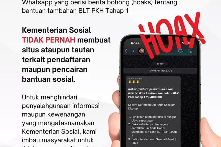 Postingan Kemensos soal hoaks pesan di WhatsApp mengenai tautan pendaftaran BLT PKH. (@kemensosri)