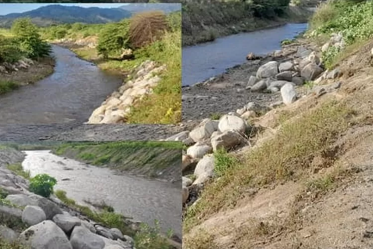 Kualitas item pekerjaan panahan tanggul di Desa Bangga, Sigi, diragukan warga. Sebab batu bouldernya hanya gunakan batu lokal. ( )