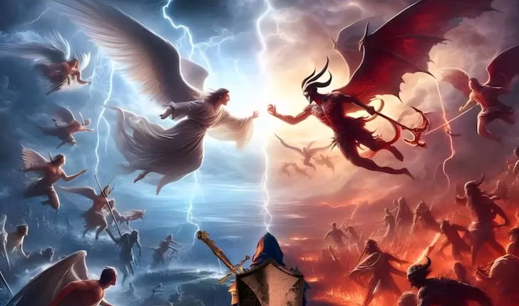 Gambaran pertarungan kebaikan dan kejahatan dengan kemanusiaan di tengahnya. (Foto: GENMUSLIM/dok: pinterest.com)