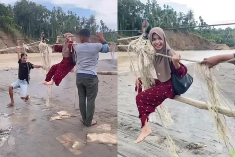 Menyoroti cerita warga desa di Bireuen, Aceh yang terdampak bencana banjir bandang, kini menyeberangi sungai dengan peralatan seadanya. (Instagram.com/@babang.amien)