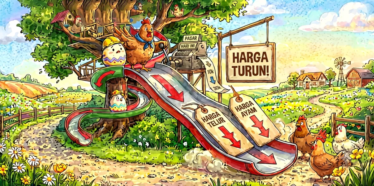 Ilustrasi harga ayam dan telur turun. (Kalimantansatu.com via Gemini AI)