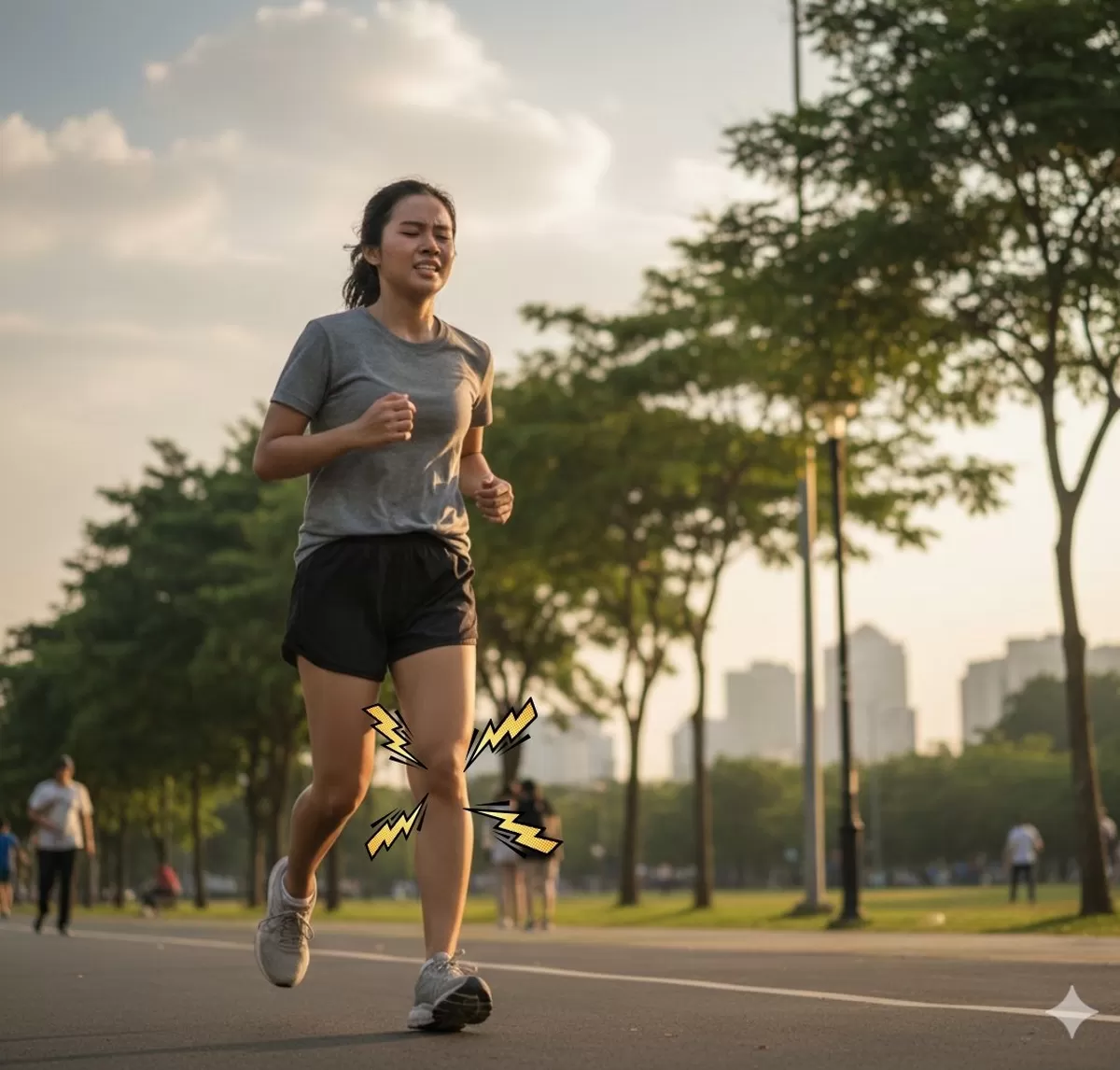 Cedera lutut adalah cedera yang paling sering terjadi pada olah raga lari. Kenali tanda awalnya, oenyebab, dan pencegahannya. (Pejuangkantoran.com/Made with Google AI)