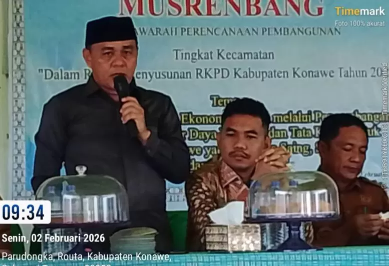 Fakrudin, S.Hut saat memberikan sambutan dalam pelaksanaan Musrenbang kecamatan Routa