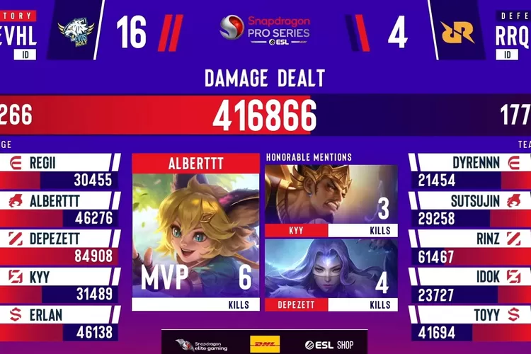 Hasil akhir RRQ Hoshi vs EVOS Holy di ESL Snapdragon Pro Series S6. (YouTube MPL Indonesia)